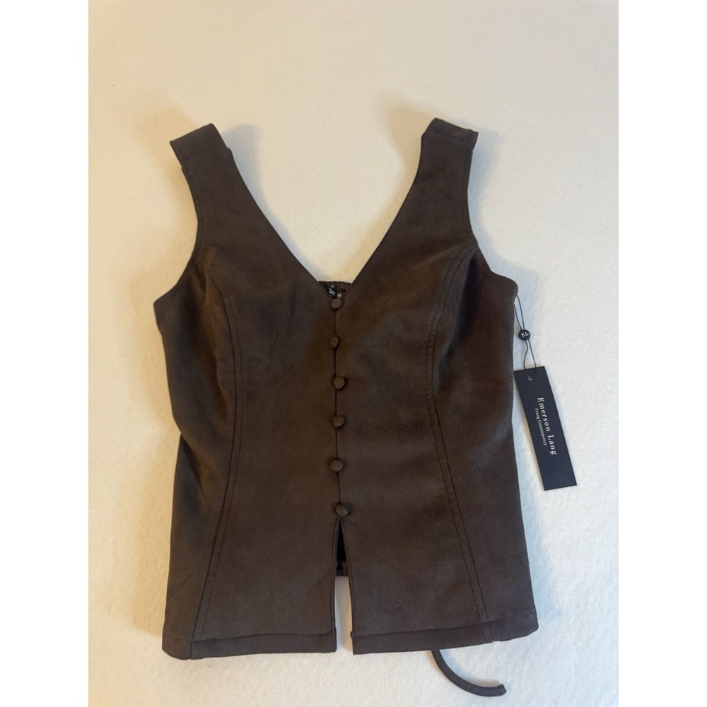 Emerson Lang Top Brown Tank Vest In Faux Suede Size Med